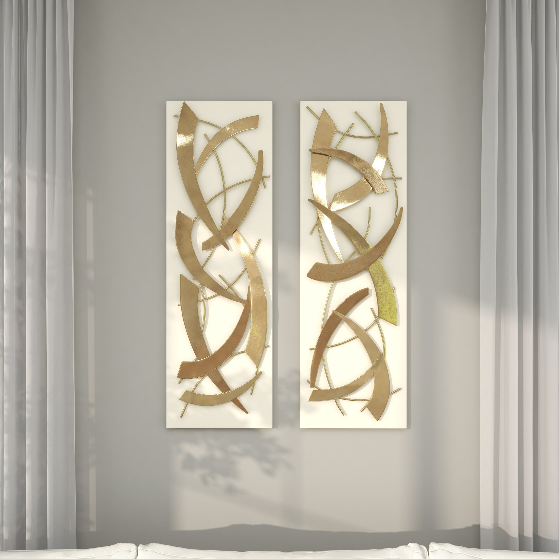 DecMode Contemporary Rectangular Wooden Frames with Curved Gold Metal Accents Wall Décor, Set of 2 12"W x 37"H