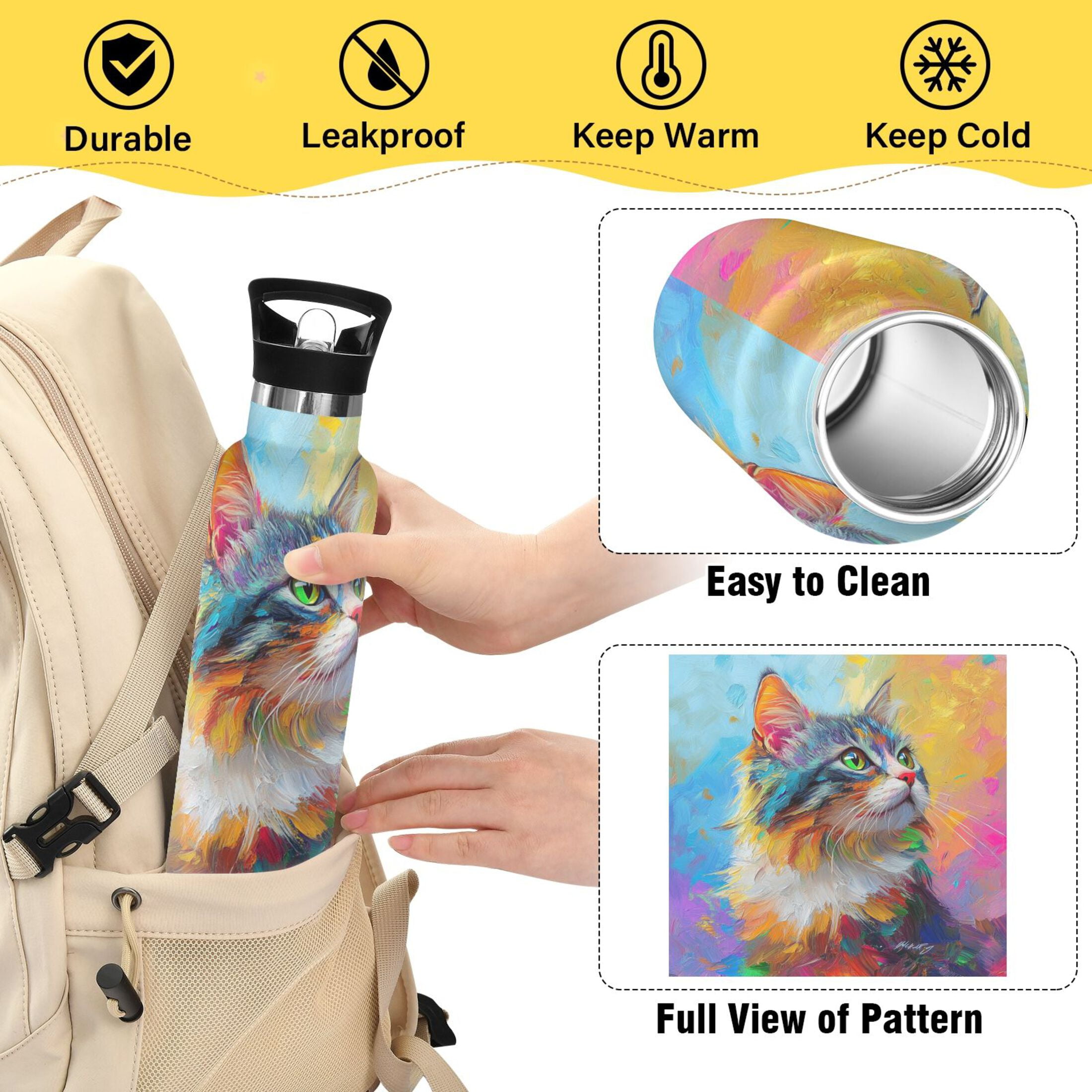 600ML Stainless Steel Insulated Cup Sports Water Bottle Portable Thermos Cup Water Glasses Insulated Tumblers Convenient and Durable Colorful Cartoon Cat