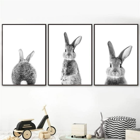 3 Pieces Kawaii Rabbit Canvas Painting Print Brown Bunny Wall Art Pictures Nordic Woodland Animal Poster for Kid Bedroom Decor With Wooden Inner Frame