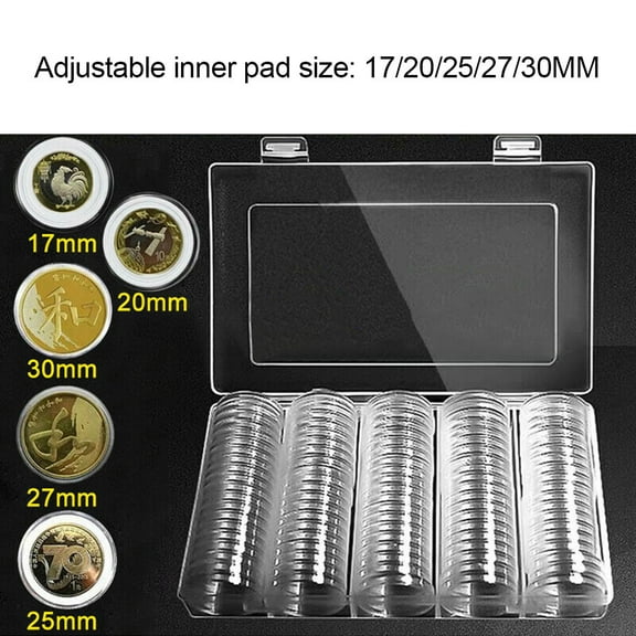 Ludlz 100Pcs 17/20/25/27/30mm Coin Capsules, Inner Pads Coin Clear Protector Case Collect Storage Box for Coin Collection