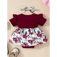 thumbnail image 5 of Infant Baby Girls Summer Romper Dress with Bow Headband Letter Floral Print Short Sleeve Round Neck Jumpsuit, 5 of 10