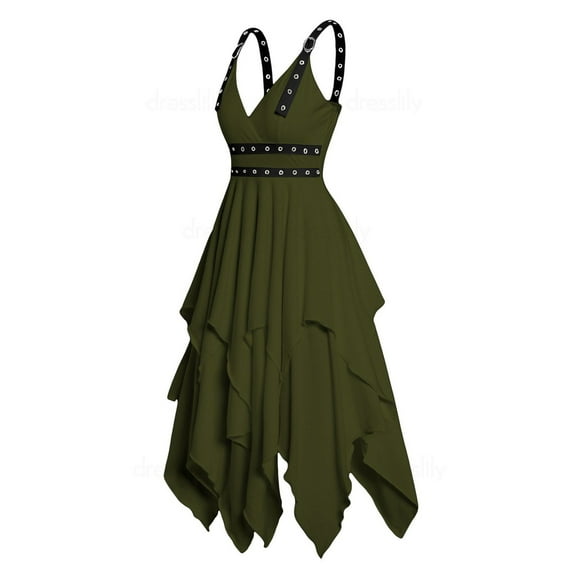 FEIFLY Women Solid Color Gothic Vintage Dress Halloween Irregular Sleeve Strap Dress Plain Color Layered Dress Festival Clothing