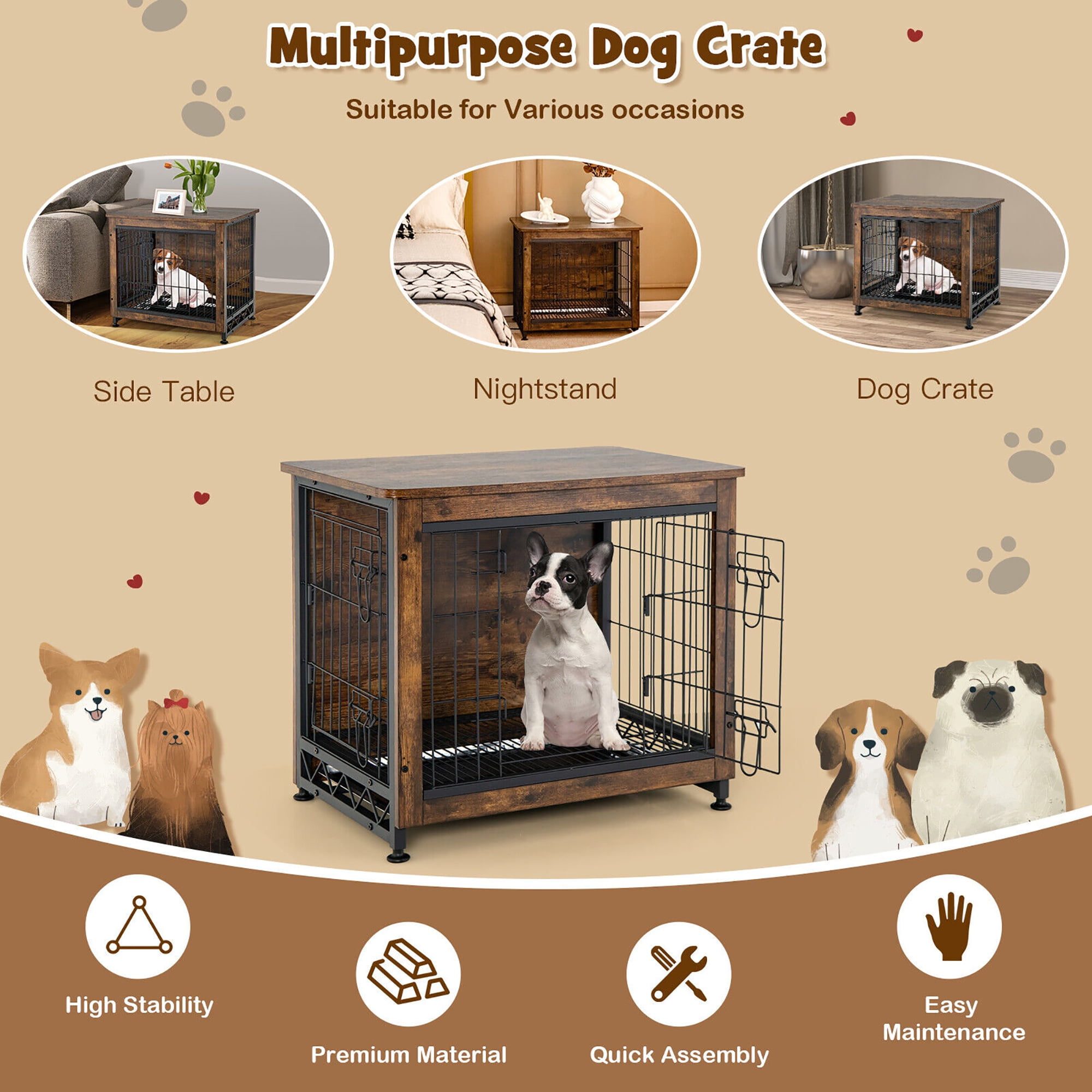 Gymax Wooden Dog Crate Furniture with Tray Double Door Dog Kennels End Table