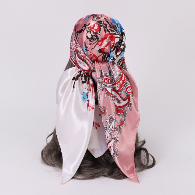 (Rosa + Beige) Pañuelo cuadrado grande a juego con estampado de anacardos para mujer, turbante, chal grande, pañuelo de seda de imitación
