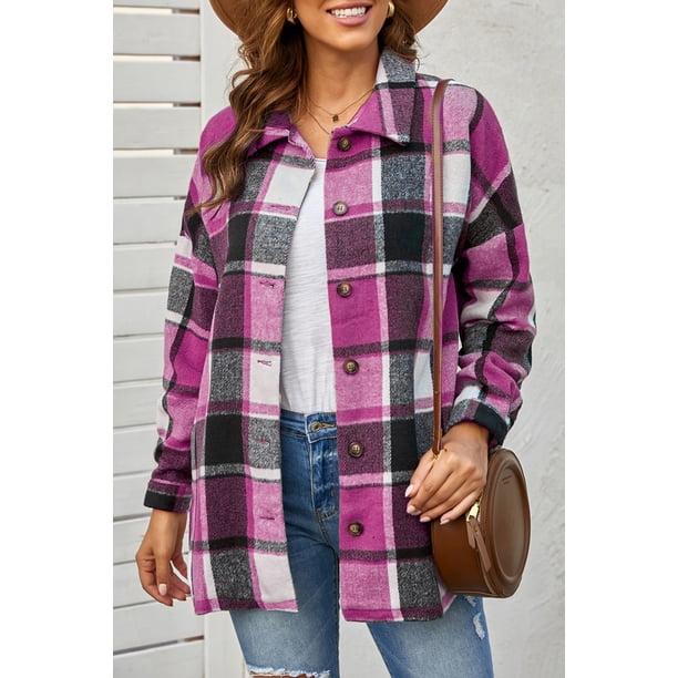 ABPHQTO Chaqueta camisera abotonada con estampado de rosas a cuadros para mujer
