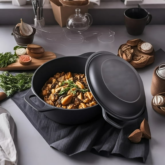 2-in-1 7QT Cast Iron Dutch Oven, 5 Quart Pot With 2 Quart Lid, Cast Iron Skillet Cookware Pan Set With Dual Handles, Versatile Cookware Perfect For Stovetop, Oven, BBQ, Grill & Campfire Cooking