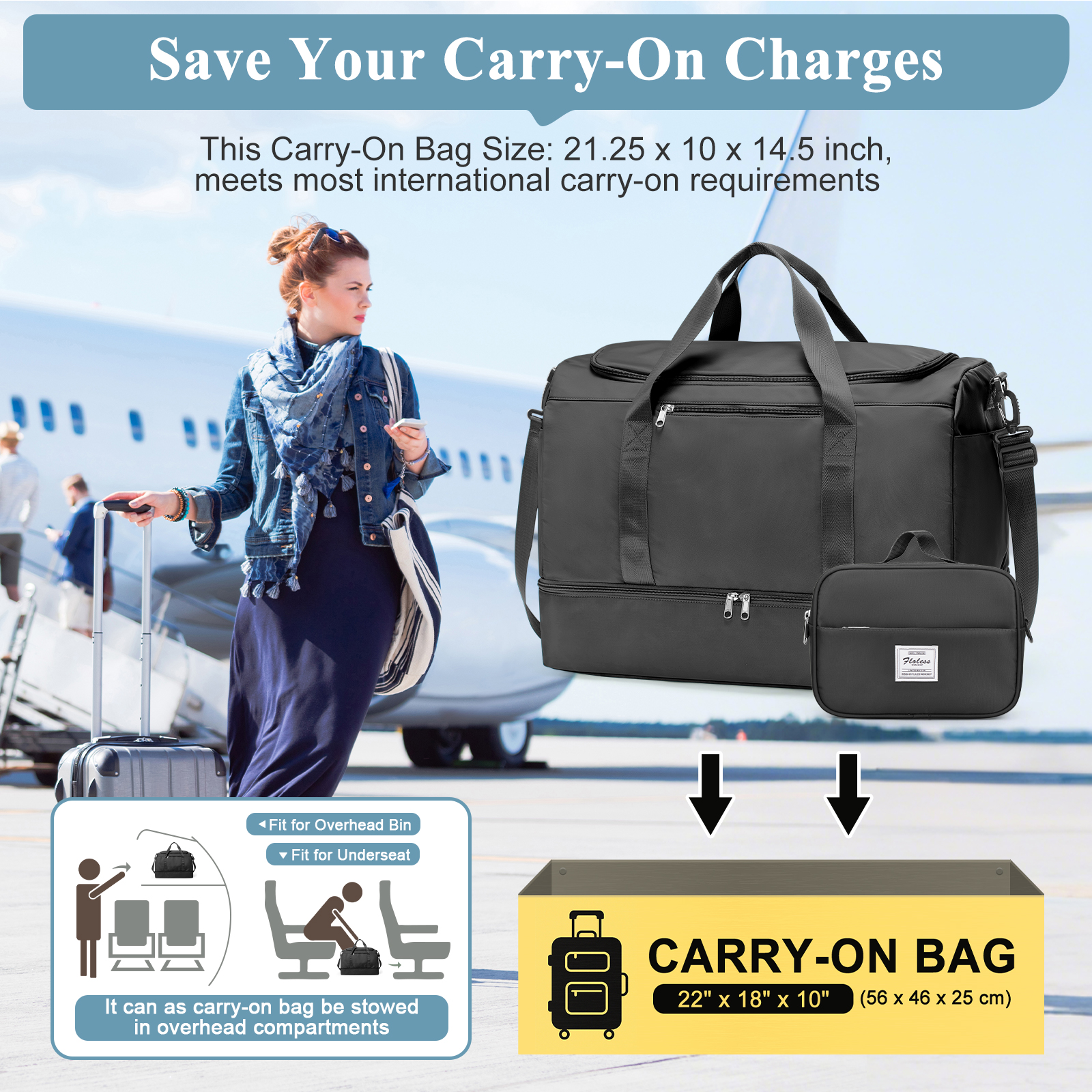 SYCNB Large Travel Duffel Bag, Weekender Overnight Bag for Women, Gym Tote Bag with Shoe Compartment & Toiletry Bag, Carry-On Weekend Bag for Women with Wet Pocket for Travel Business, Black