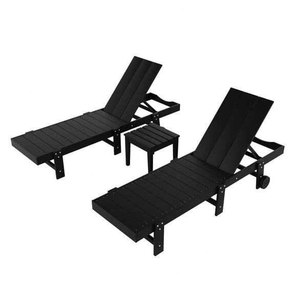 3 Piece Modern Poly Reclining Chaise Lounge With Wheels, Black