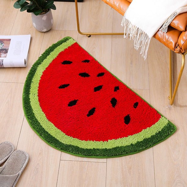 Alfombra de baño de microfibra suave con forma de sandía, antideslizante, peluda, para cocina, dormitorio, ducha de goma para el suelo, sala de estar, absorbente de agua, lavable (40 x 60 cm, sandía)