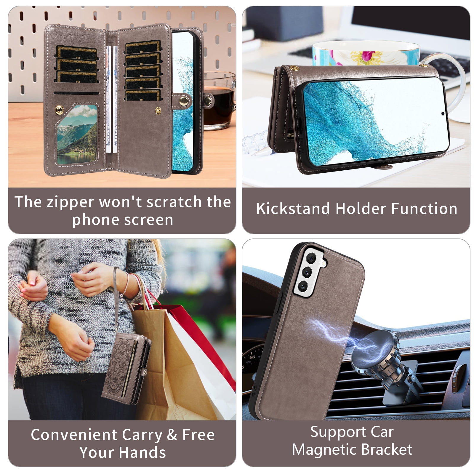 Asuwish Phone Case for Samsung Galaxy S22 5G Zipper Wallet Detachable Cell Cover with Tempered Glass Screen Protector Crossbody Strap Flower Flip Card Holder S 22 22S 4G G5 6.1 inch Women Girls Gray