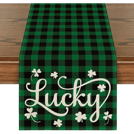 

Buffalo Plaid Lucky Clover Shamrock Table Runner Seasonal St. Patrick s Day Holiday Kitchen Dining Table Runner for Home Party Decor 13 x 72 Inch