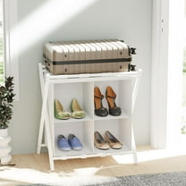 Luggage Rack with storage, Guest Room Folding Suitcase Stands, Holds up to 120 lb, Space Saving Suitcase Holders for guest room, Bedroom Hotel, White