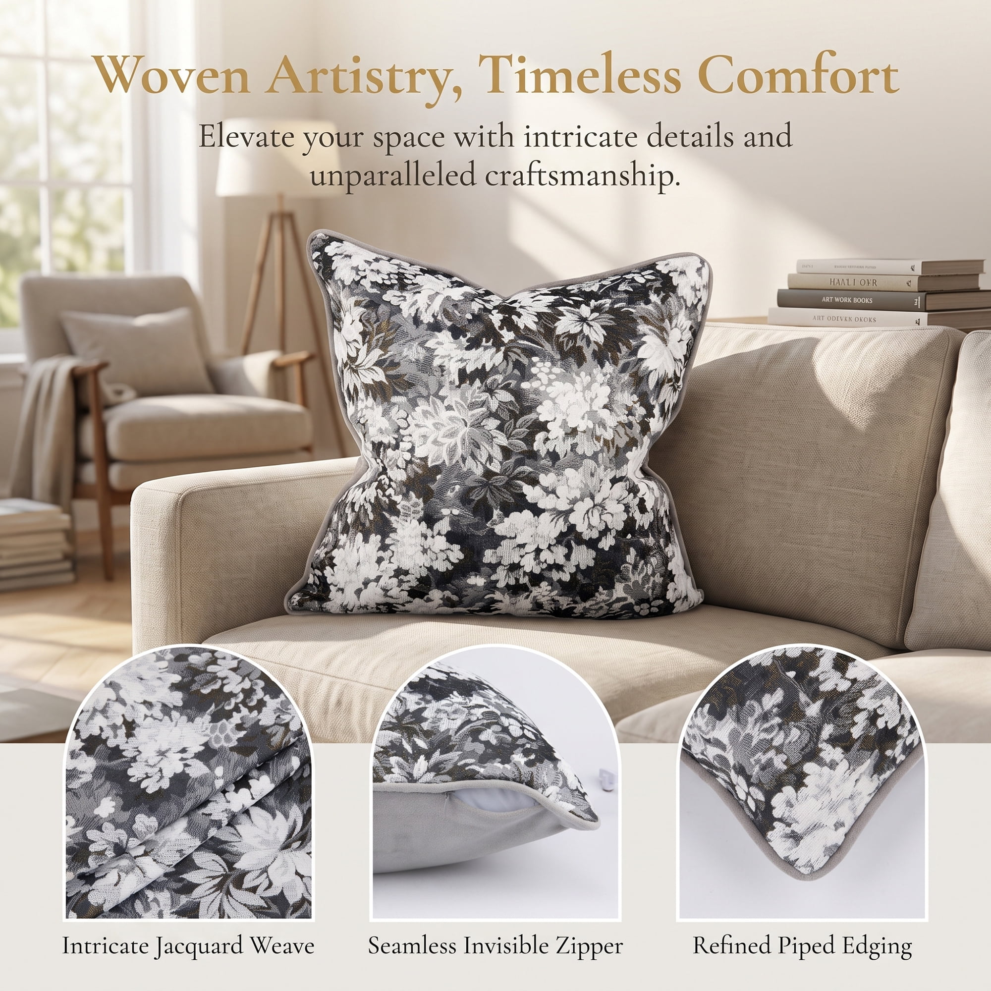 Unique Bargains Floral Throw Pillow Cover with Piped Edge Decor Cushion Case Grey 18"x18"