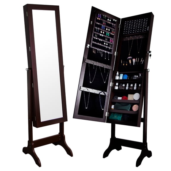 Vowella 52" Jewelry Cabinet with Mirror, Standing Storage with 27 Hooks & 4 Adjustable Angles for Necklace & Ring, Modern Armoire for Girls, Black
