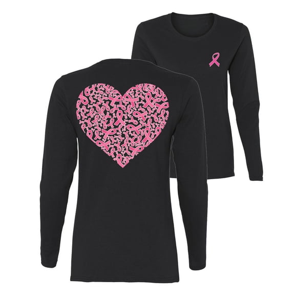 Wild Bobby Breast Cancer Awareness Pink Ribbon Heart Front and Back Women Long Sleeve Tee, Black, Small