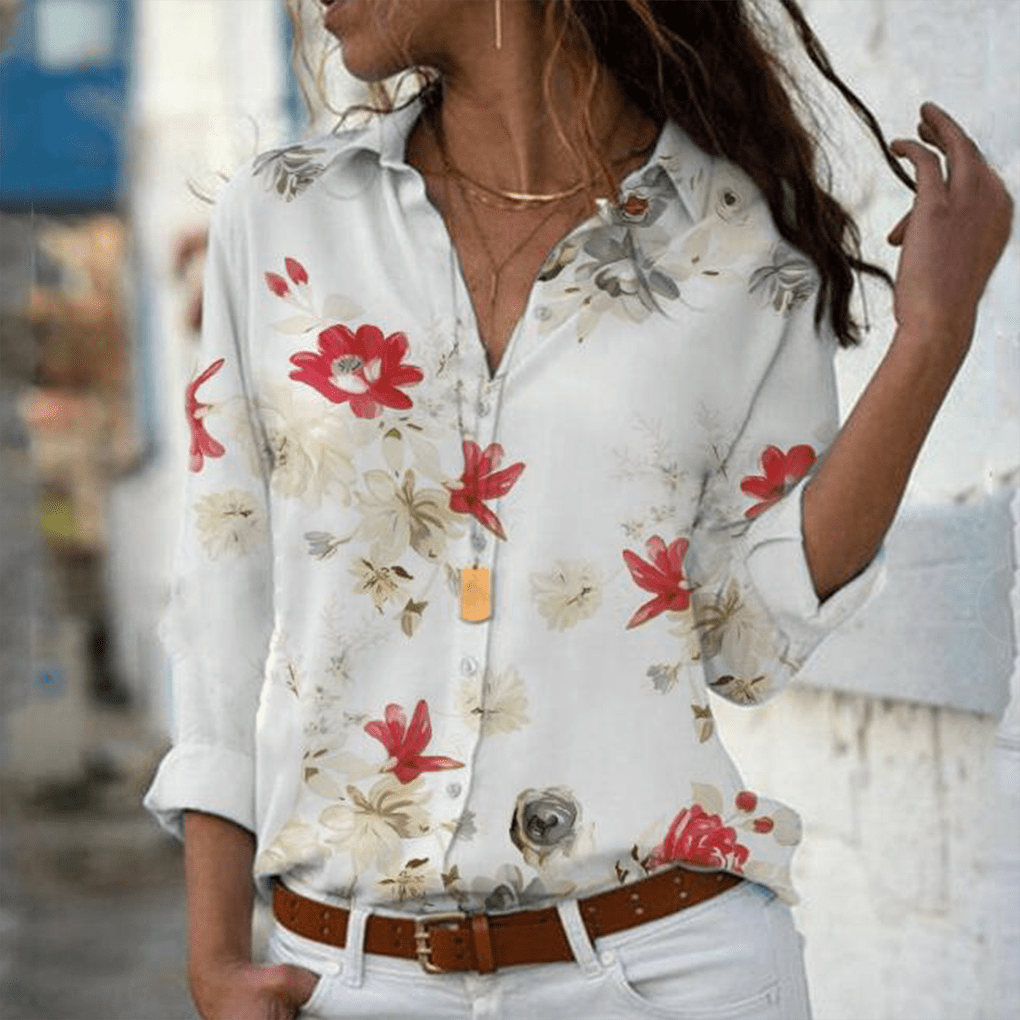 Women Lapel Long Sleeve Blouse Girls Style Shirt Loose Floral