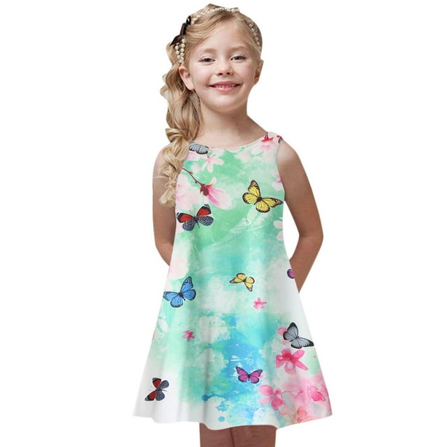 LEEy-world Cadeaux pour Bébé Fille Robe d'Été à Manches Volantes Imprimé Fleurs Volants Robe de Plage Robe de Princesse, Vert
