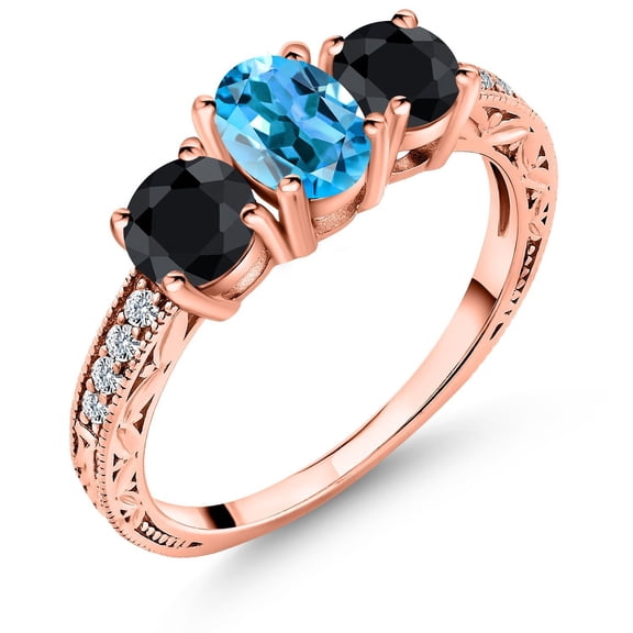 Gem Stone King 2.50 Ct Oval Swiss Blue Topaz Black Sapphire 18K Rose Gold Plated Silver Ring (Size 5)
