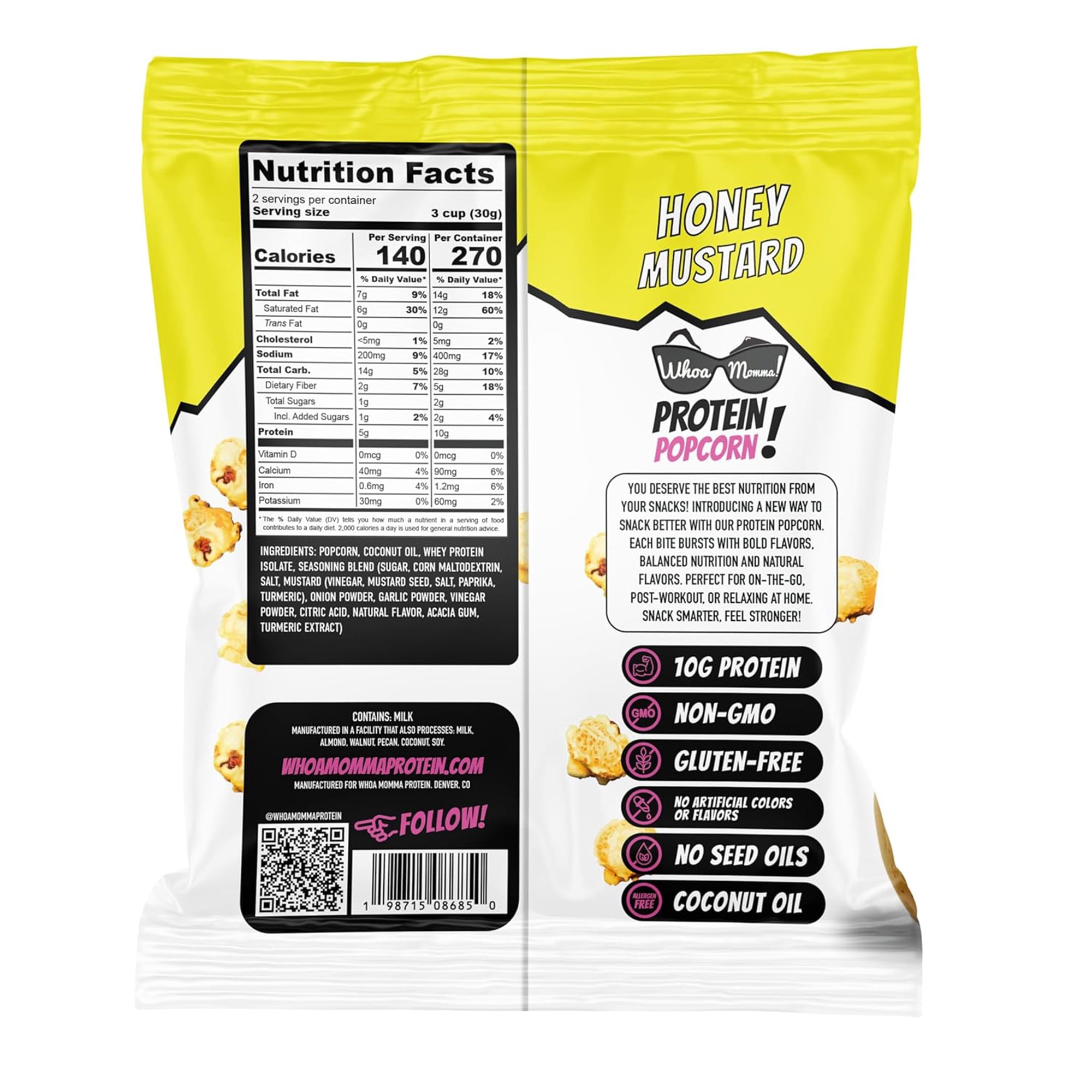 Whoa Momma! Protein Popcorn Honey Mustard, High Protein, Gluten Free Cheese Popcorn, 12-pack of 1oz Bags