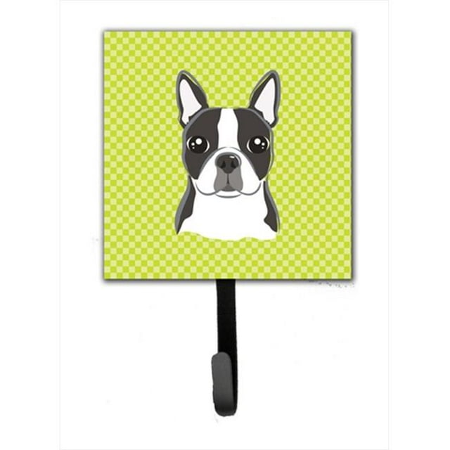 Checkerboard Lime Green Boston Terrier Leash Or Key Holder, 4.25 W x 7 H In.