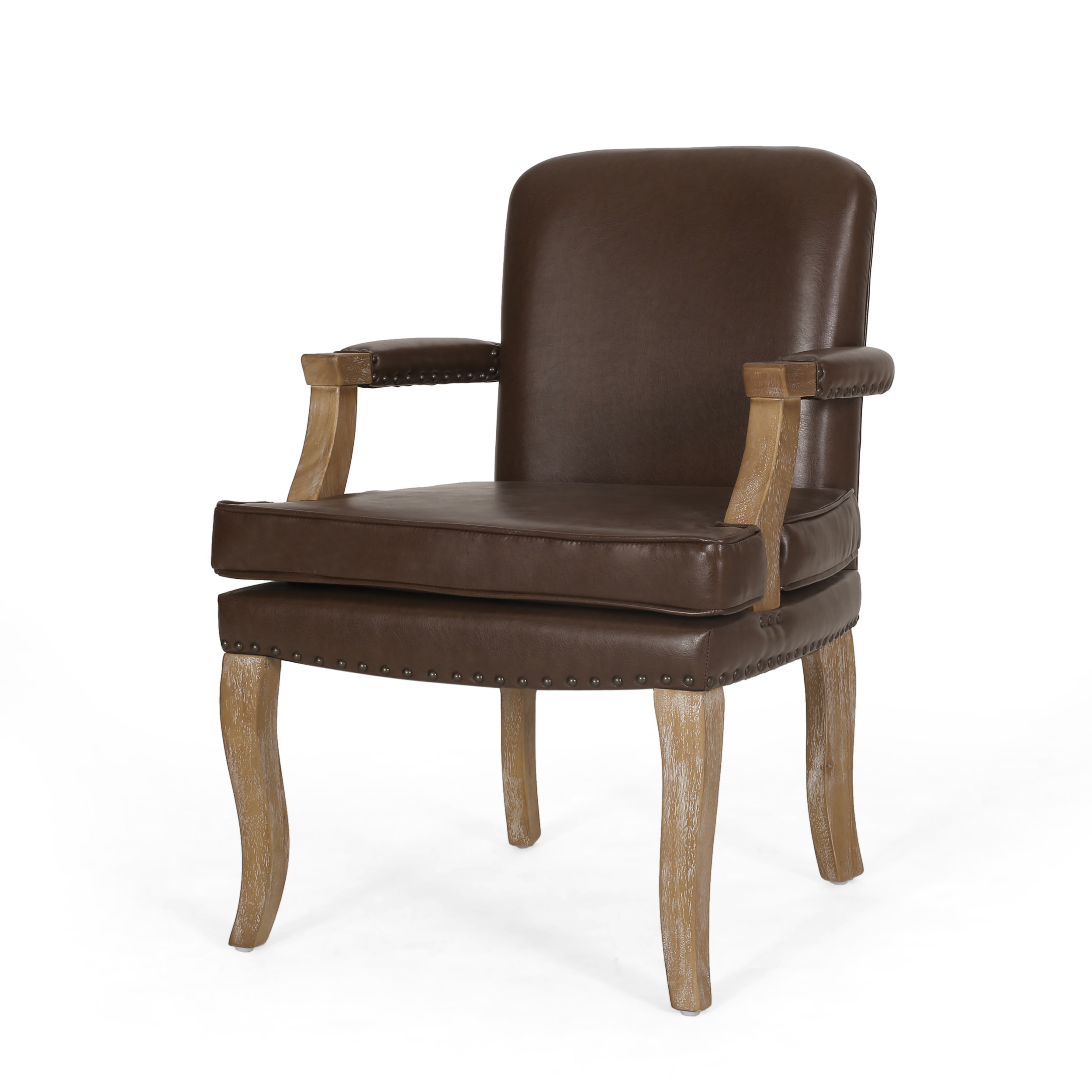 Noble House Ardson Faux Leather and Wood Dining Arm Chair with Nailhead Trim, Dark Brown and Natural Brown