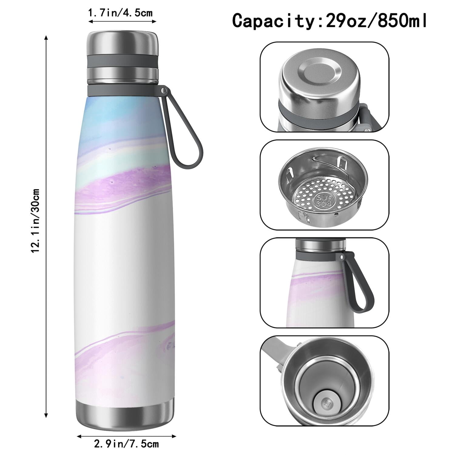 29oz Insulated Water Bottle with Tea Infuser, Stainless Steel Travel Mug, Liquid & Marble Print