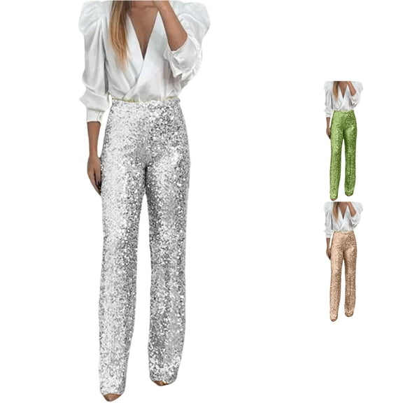 Women's Sequin Flare Pants - Elastic High Waist Slim Fit Sparkly Trousers with Bell Bottom for Party Night