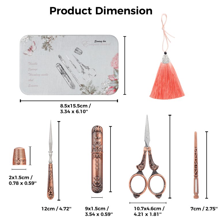 NOTIONSLAND 13081 Vintage Sewing Kit with Embroidery Scissors, Seam Ripper,  Thimble, and Needles - Copper 