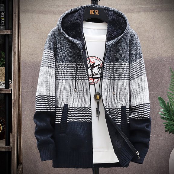 Babysbule Mens Winter Coats Fleece Thick Stripe Color Matching Hooded Sweater Coat Gradient Casual Men's