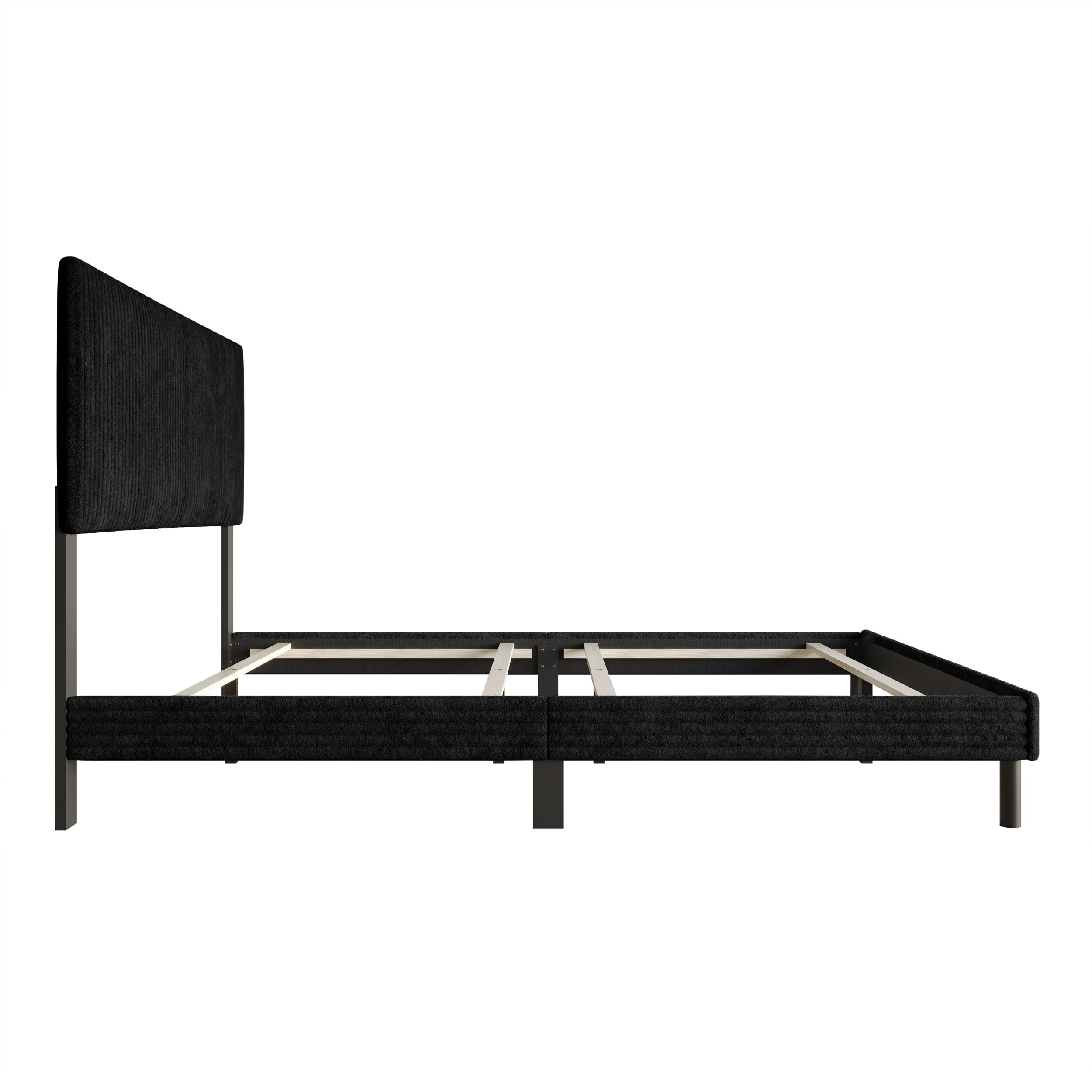 Home Design Osceola Full Luxurious Corduroy Upholstered Panel Bed Frame for Adult, Black, Easy Assembly, Box Spring Required (Sold Separately)