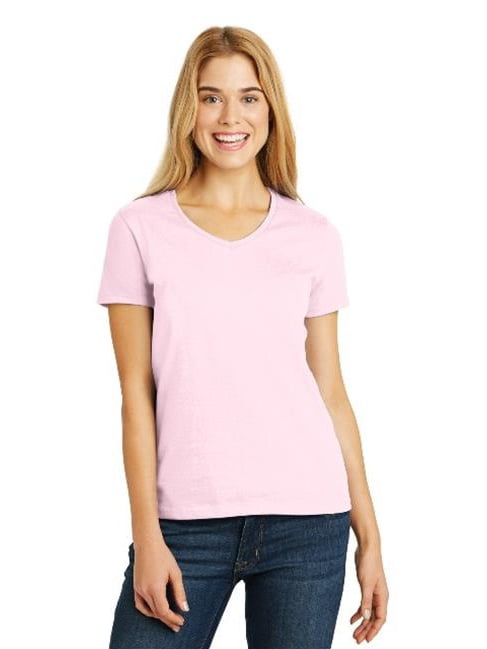 Hanes 5780 Ladies Tagless 100 Percent Cotton V-Neck T-Shirt, Pale Pink ...