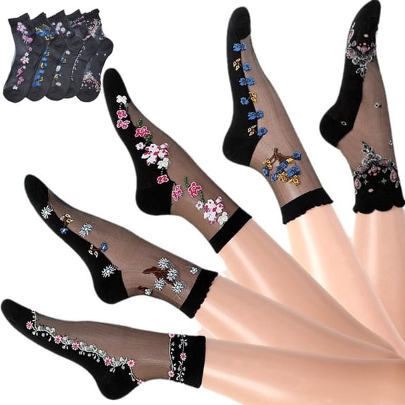 5 Pairs Women Sheer Floral Socks Lace socks Thin Sock See Through Sock for Women Ladies