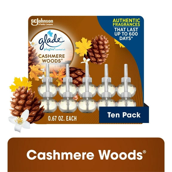 Glade PlugIns Scented Oil 10 Refills, Air Freshener, Cashmere Woods, 10 x 0.67 oz