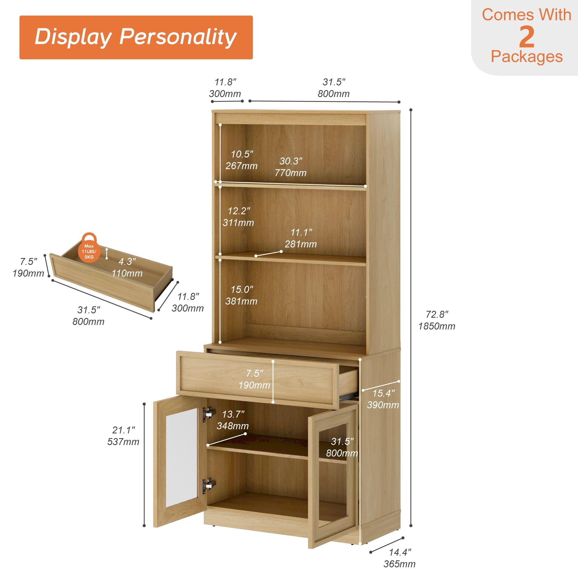 Modern 72" Tall Bookshelf with Glass Doors & Drawers, Library Bookcase with Storage Cabinet and Open Shelves,Oak