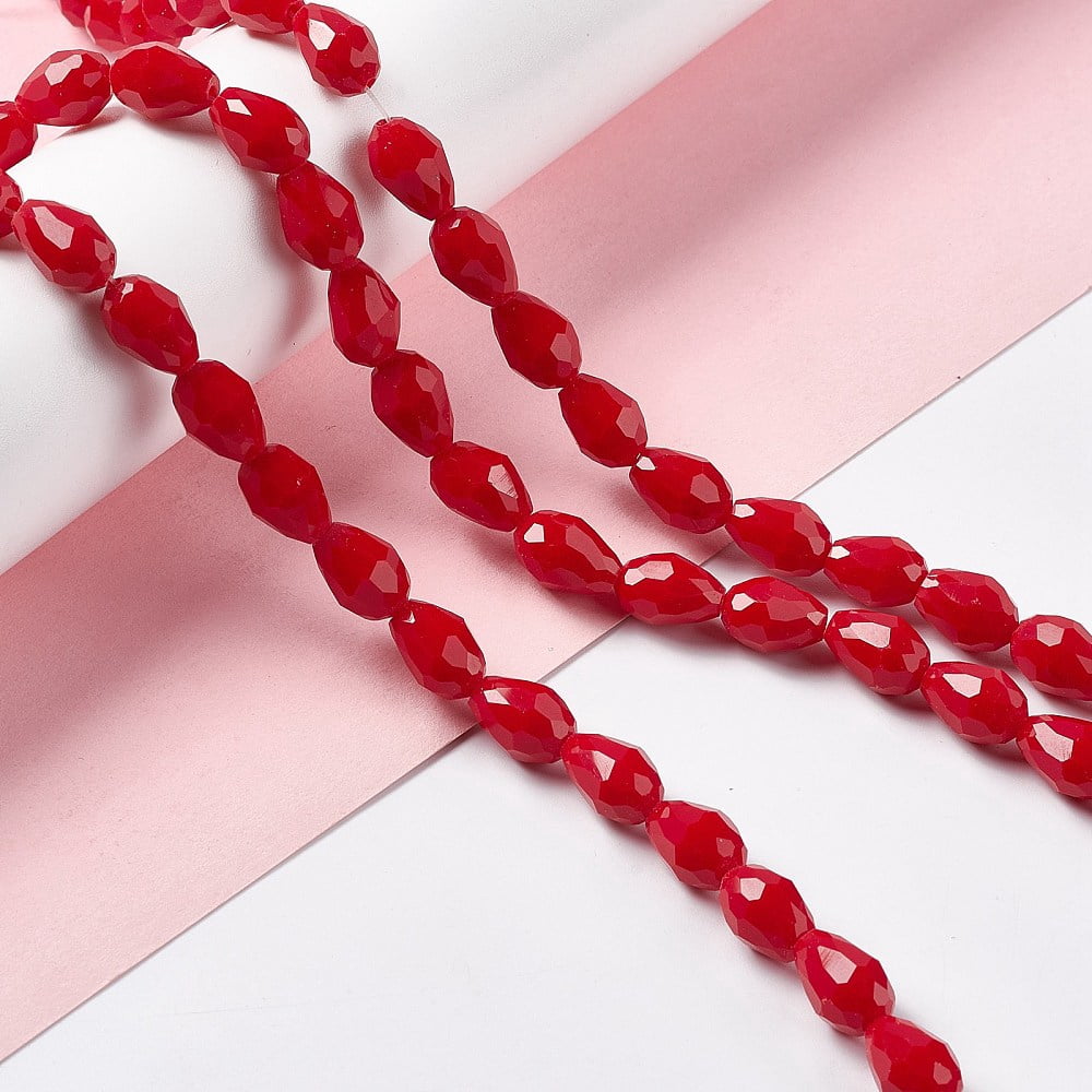 10strands Faceted Glass Beads Strands Teardrop Red 12x8~9mm Hole: 1.2mm about 57pcs/strand 23.74''(60.3cm)