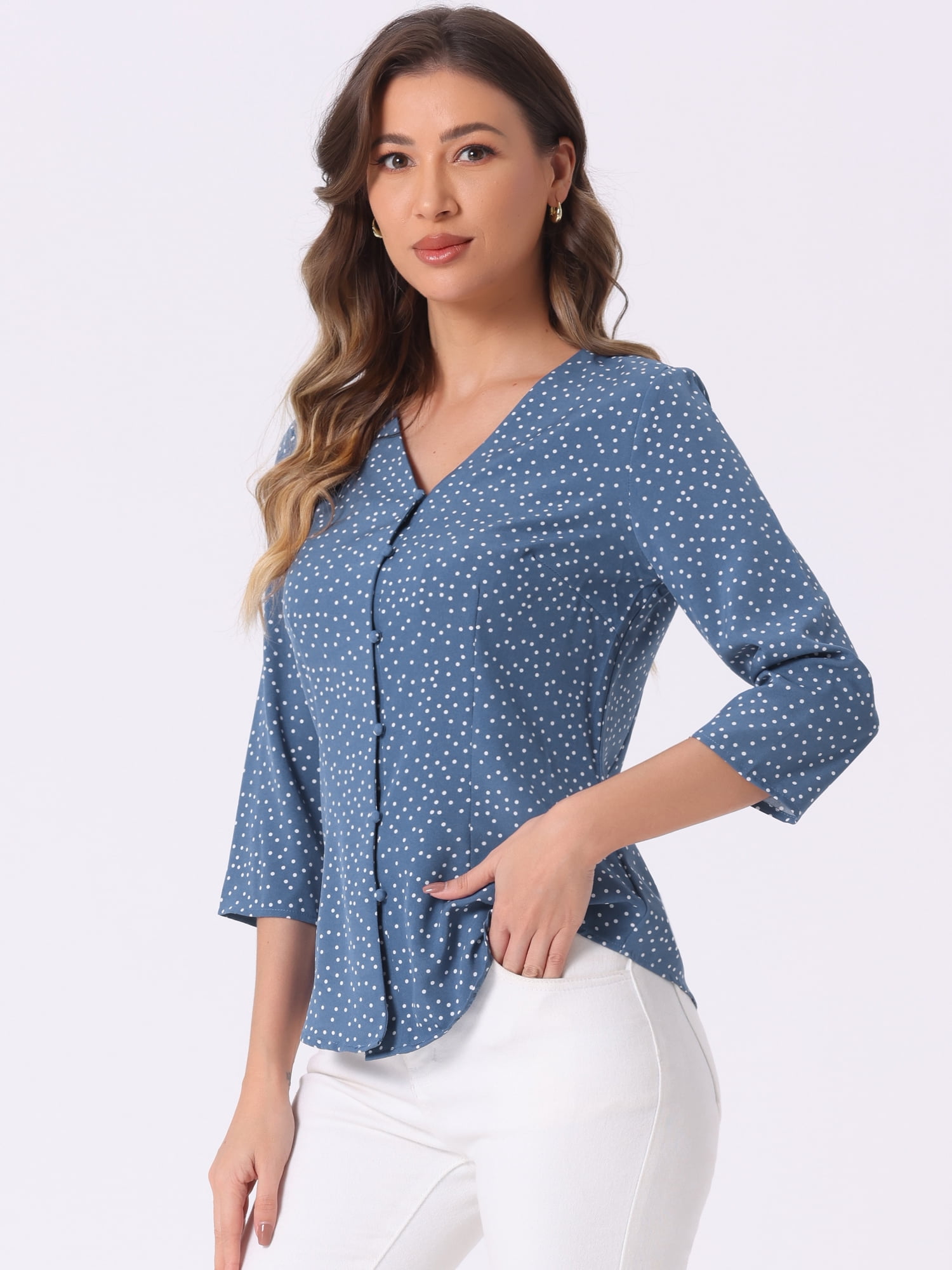 DARING DIVA Women's Polka Dots 3/4 Sleeve Button Blouse Top XL Denim Blue