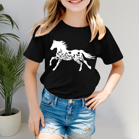 YaEYa Horse Shirt for Girls Western Shirt Cowgirl Tshirts Horse Riding Tee Animal Graphic Tees Tops