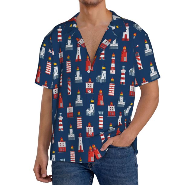 Balery Cartoon Lighthouse Camisa Casual de Manga Corta con Botones para Hombre, Texturizada, Estilo Cubano, para Playa, Verano-X-Large
