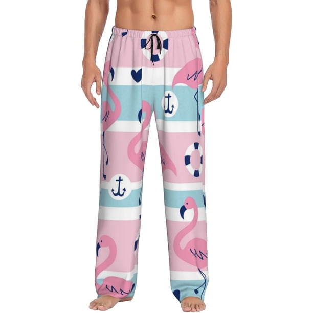 Fotbe Pink Striped Flamingo Pantalones de Pijama para Hombre, Pantalones de Dormir, Pantalones de Casa con Cintura Ajustable y Bolsillos-Small