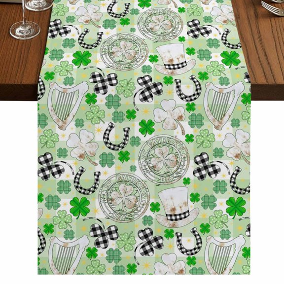 Table Runners 70 Inches Long Dress Scarves, St. Patrick's Day Farmhouse Coffee/Dining/Kitchen Table Decor, Holiday Table Runner, Green Black Plaid Lucky Clovers Check 13x70 Inch