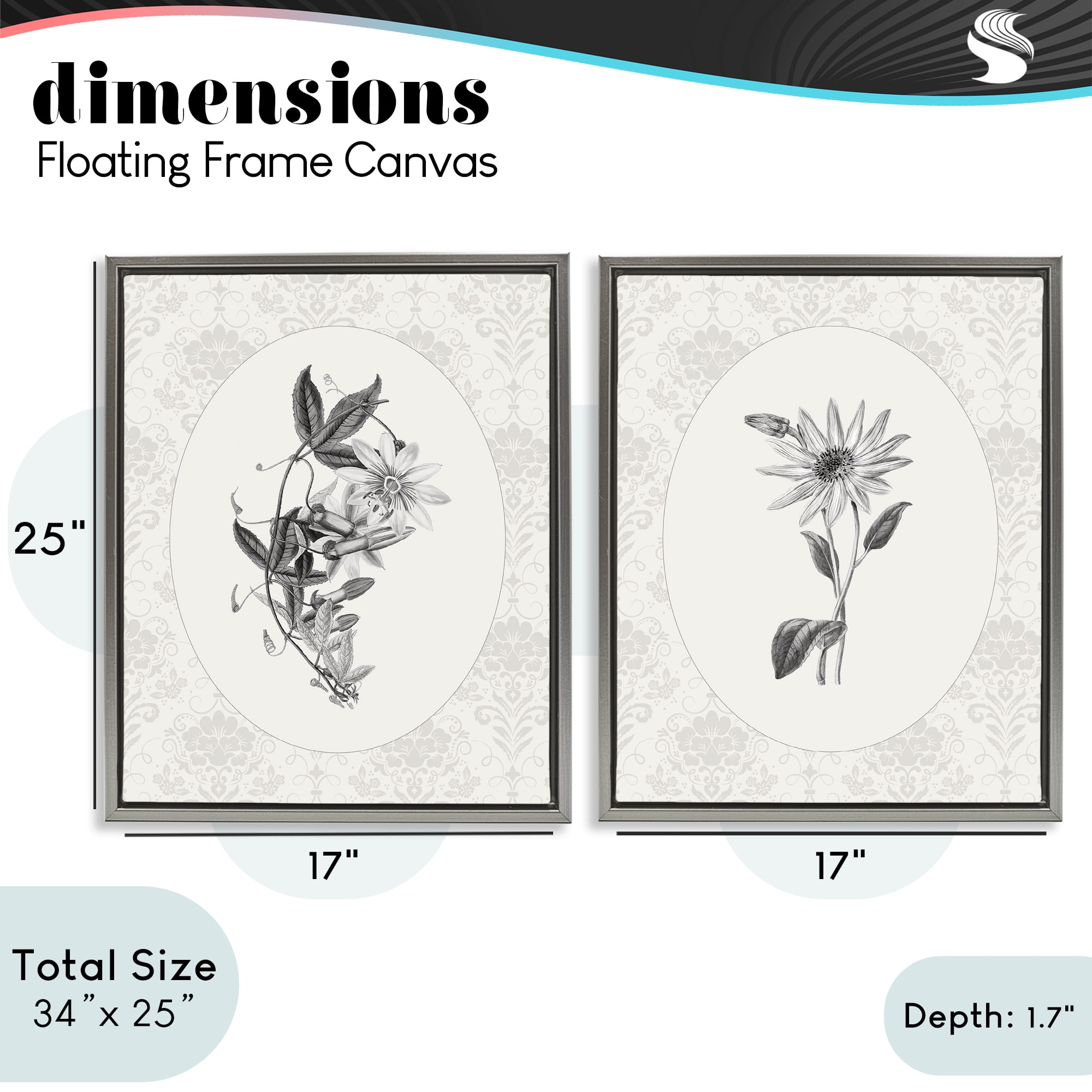 Stupell Industries Vintage Flowers & Lace 2 Piece Gray Framed Floater Canvas Set, design by CAD Designs
