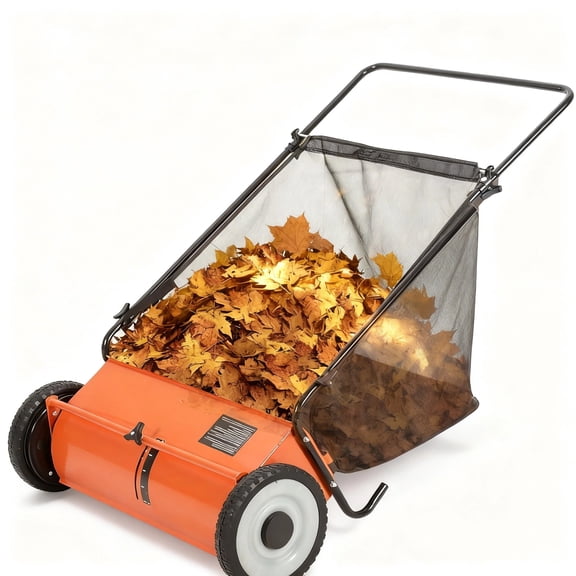 Riedhoff 26" Push Lawn Sweeper,4 Spinning Brushes, 7 Cu. Ft Capacity Collection Bag, Adjustable Height, Orange