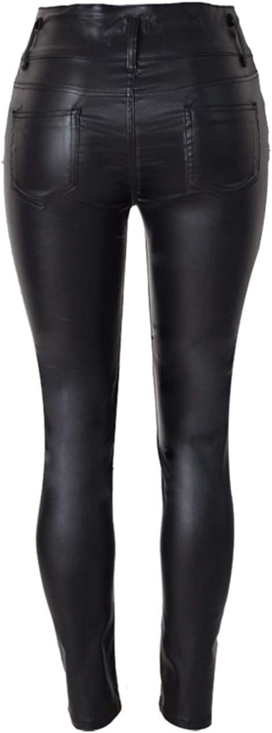 HLSOHJP Women's Black Stretch Jeans Button Closure Zipper Up High Waisted PU Biker Slim Trousers Faux Leather Skinny Pants