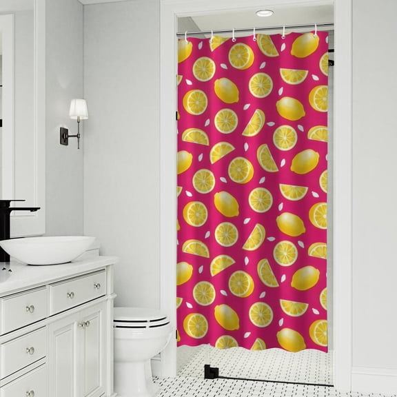Yellow Lemon Fruit Slices Pink Pattern Shower Curtain 36"x72" ,Bathroom Decorative Shower Curtains Set with 12 Hooks,Modern Waterproof Washable Shower Curtain