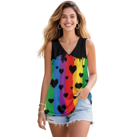 FUIALDOLG Rainbow Stripes Love Hearts Tank Tops for Women Trendy Sleeveless Tunic Tops Casual V Neck Blouse Loose Fit Ladies Flowy Pleated Shirts Athletic Workout Golf Outfits LGBT Pride T-shirt,S
