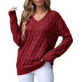 thumbnail image 2 of Women'S V Neck Hollowed Out Sweater Long Sleeve Knit Pullover Sweater Red L, 2 of 9