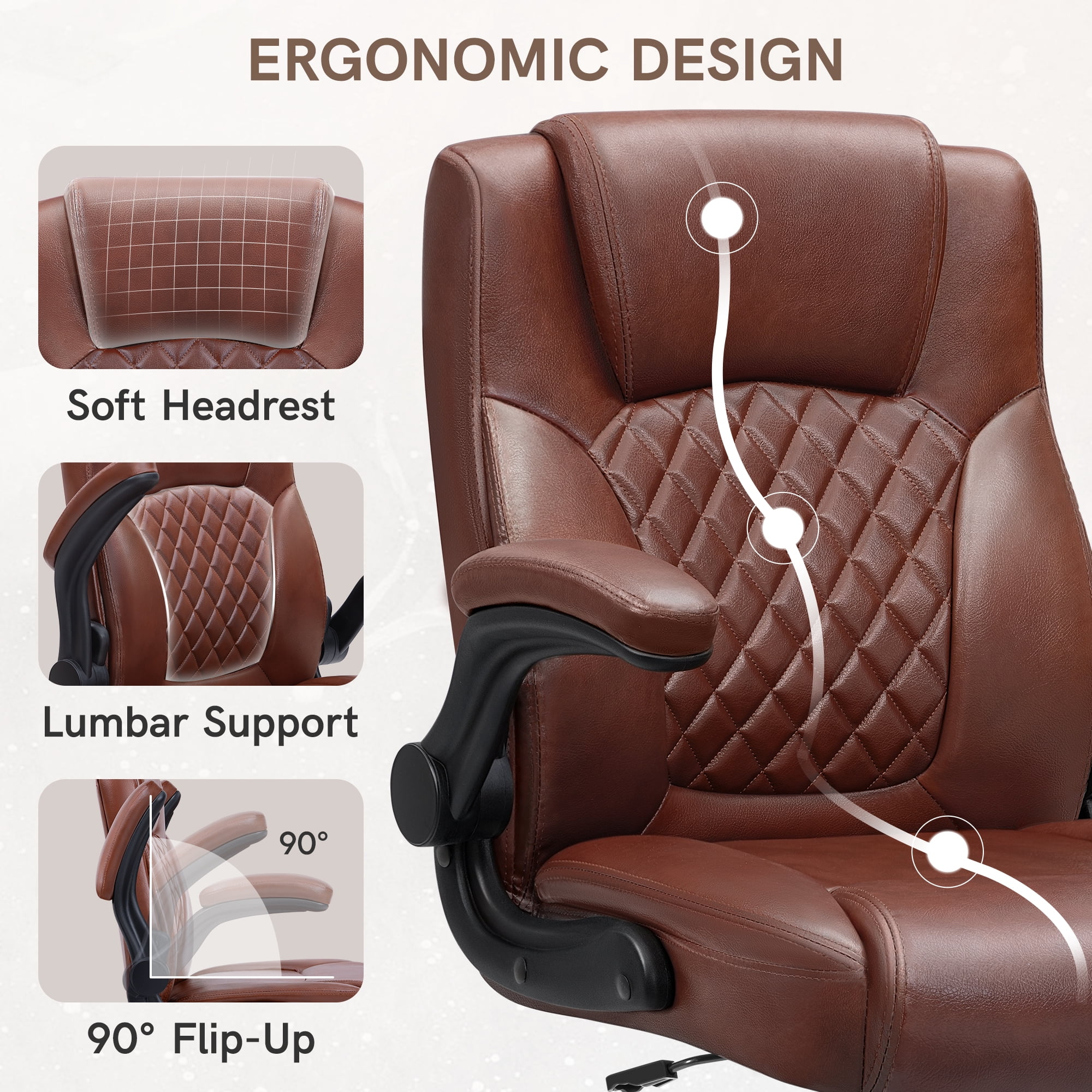 COOLHUT Leather Office Chair, Big and Tall Office Chair 400LBS Wide Seat Ergonomic Computer Desk Chair High Back Executive Leather Chair Adjustable Task Chair Lumbar Back, Dark Brown