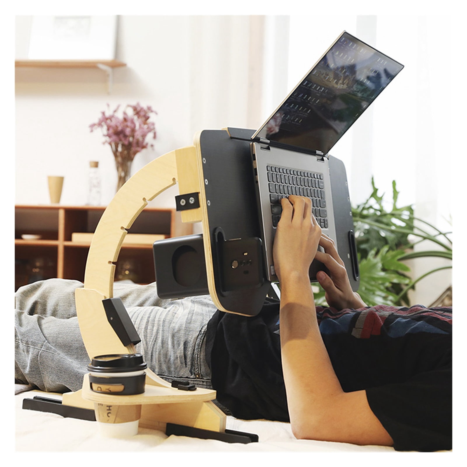 Multifunctional Lazy Person Lying Desk Wooden 360°Adjustable Notebook Stand, Desk Computer Stand, Portable Foldable Stand