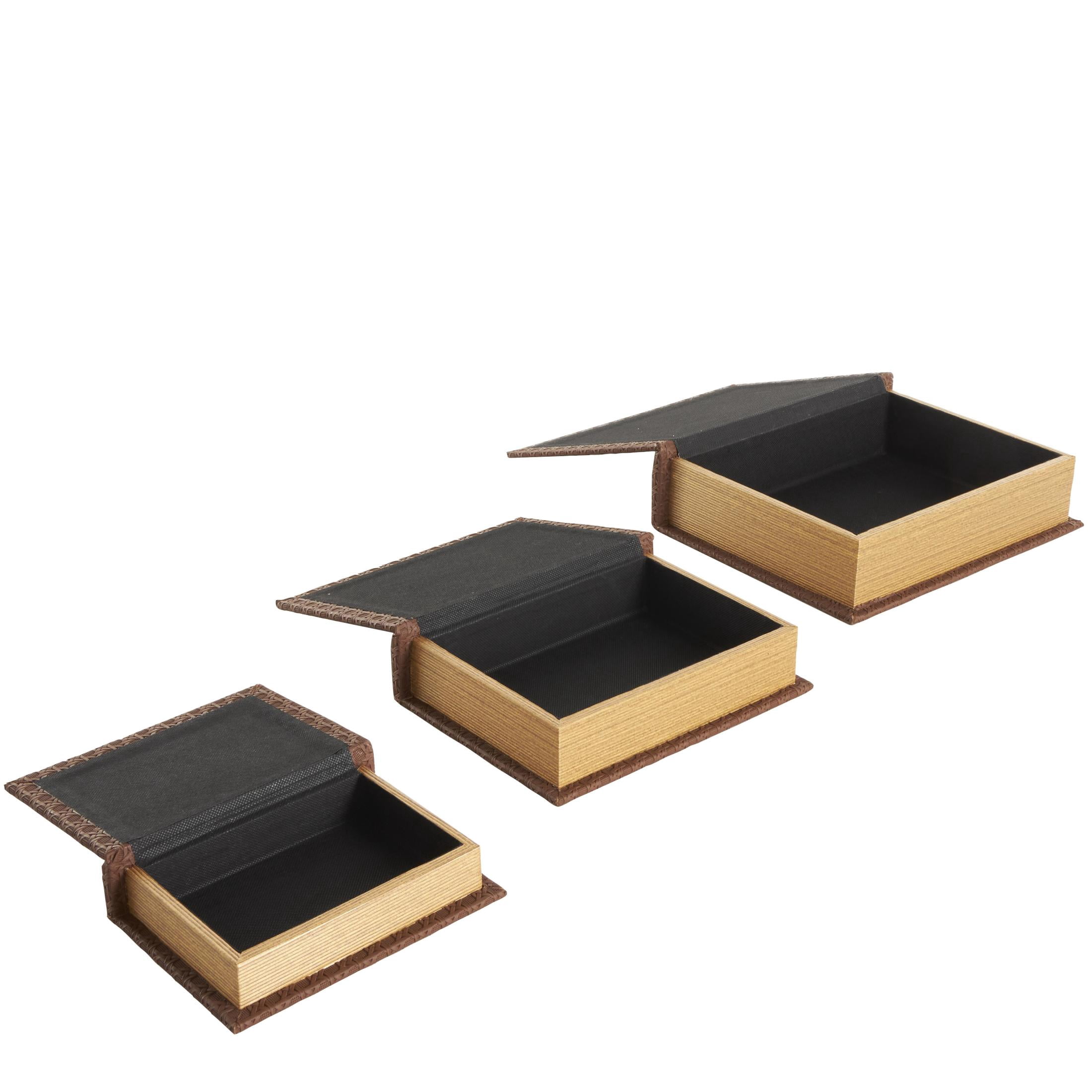 DecMode Woven Grid Faux Book Storage Brown Faux Leather Decorative Box, 3 Count