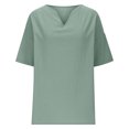 thumbnail image 4 of Summer Akafmk 3/4 Sleeve Shirts for Women,Summer Womens Cotton Linen Tunic Tops,Casual Solid Color V-neck Hem with Side Slit Short Sleeved Blouse, 4 of 5